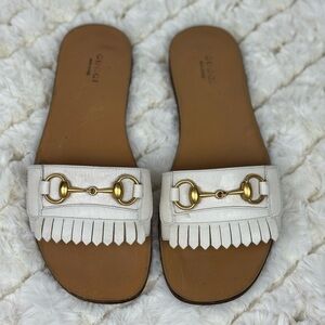 Gucci White and Gold Slide Sandals with Fringe Size 39